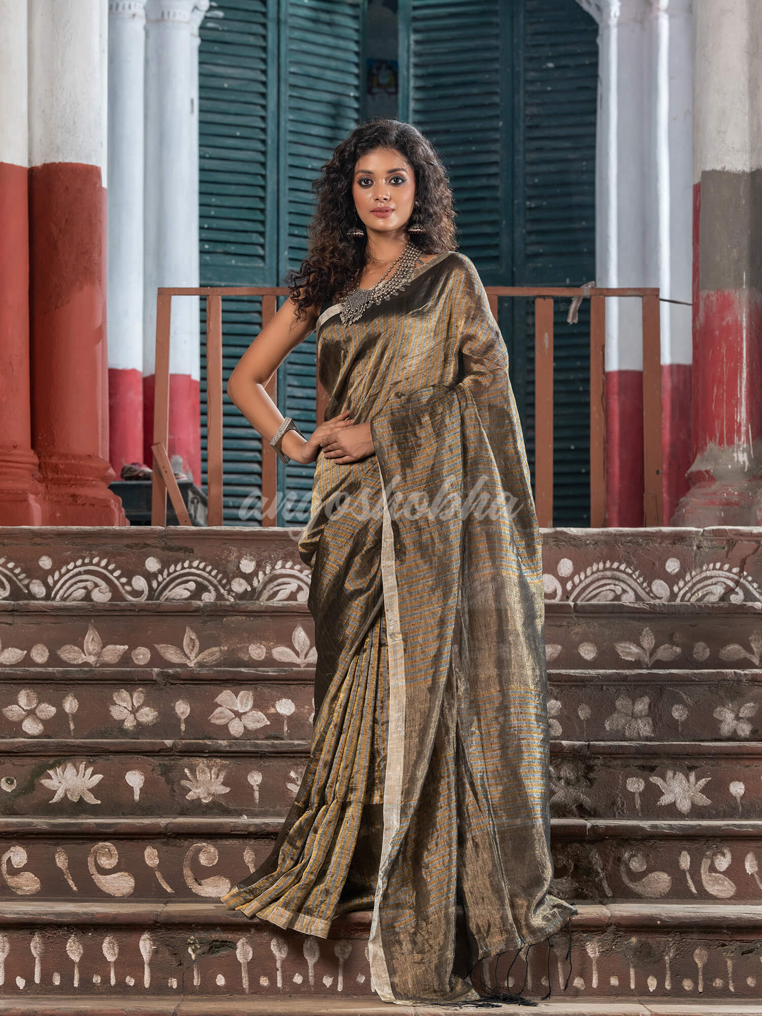 Gold & Silver All Body Check Tissue Linen Handloom Saree