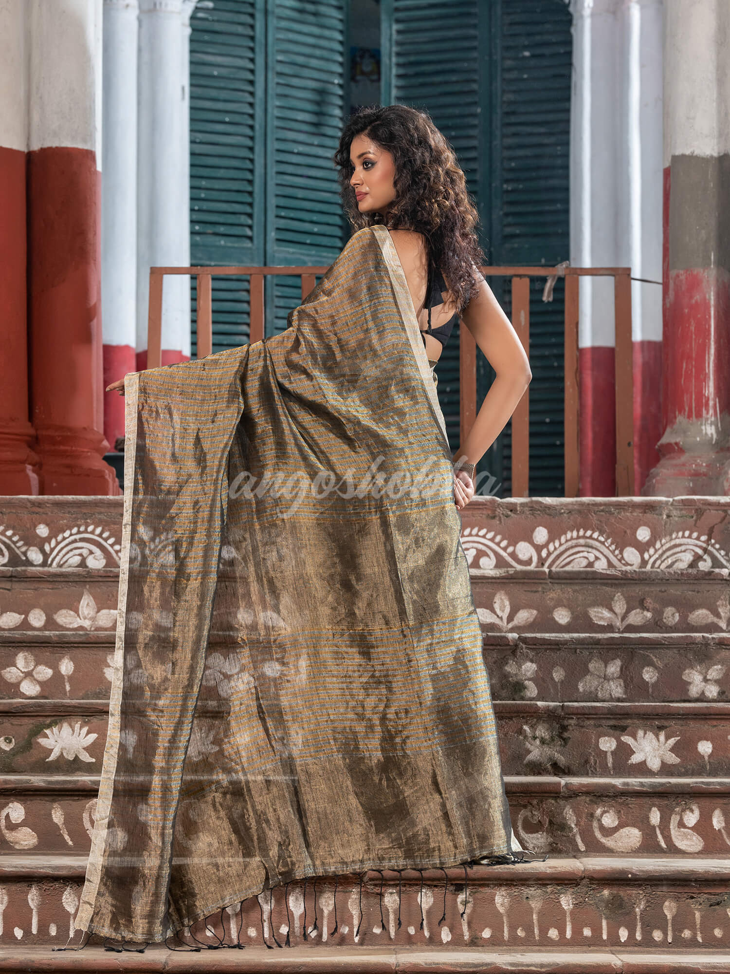 Gold & Silver All Body Check Tissue Linen Handloom Saree