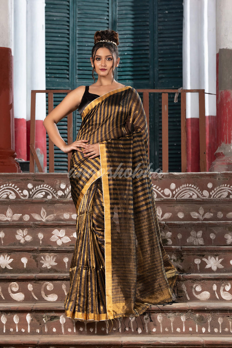 Gold & Black All Body Check Tissue Linen Handloom Saree