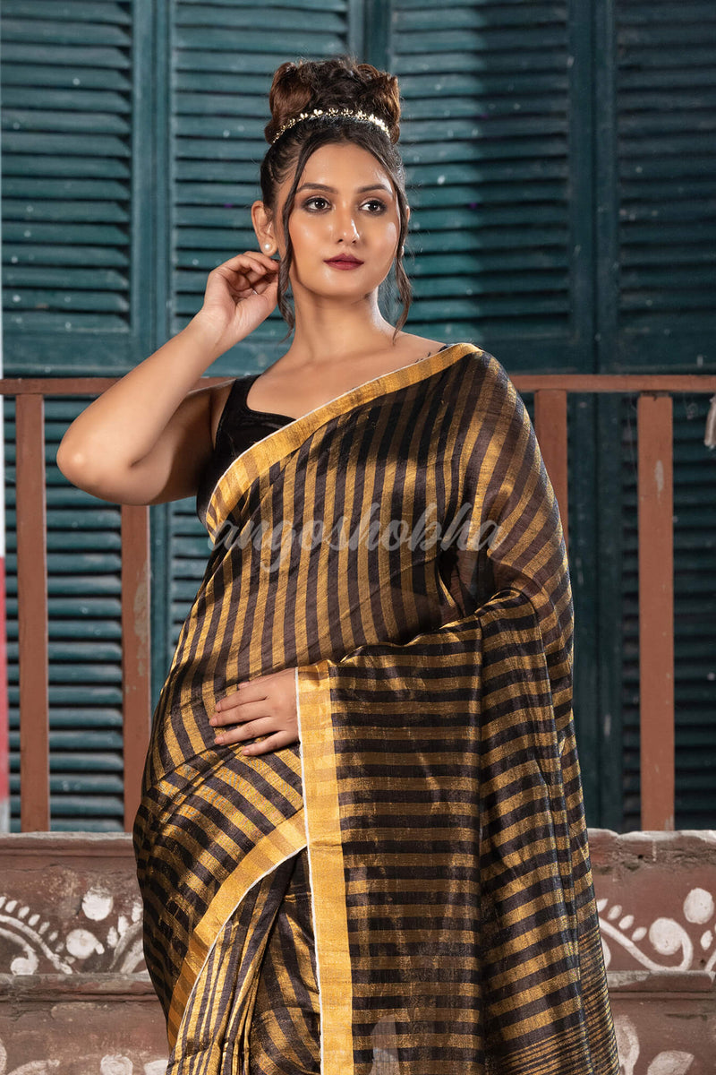 Gold & Black All Body Check Tissue Linen Handloom Saree