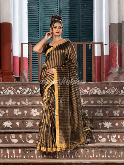 Gold & Black All Body Check Tissue Linen Handloom Saree