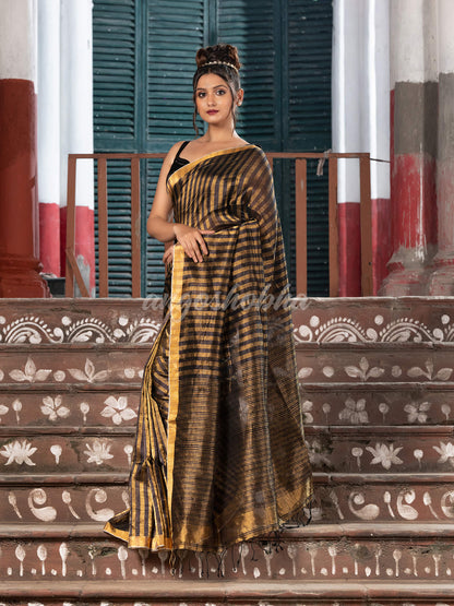 Gold & Black All Body Check Tissue Linen Handloom Saree