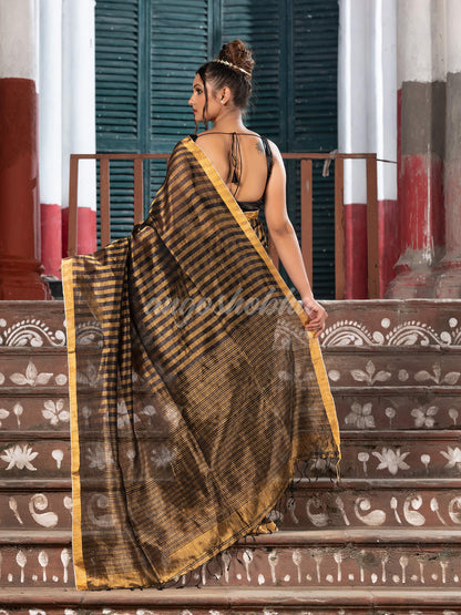 Gold & Black All Body Check Tissue Linen Handloom Saree