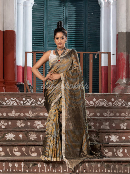 Silver & Gold All Body Check Tissue Linen Handloom Saree