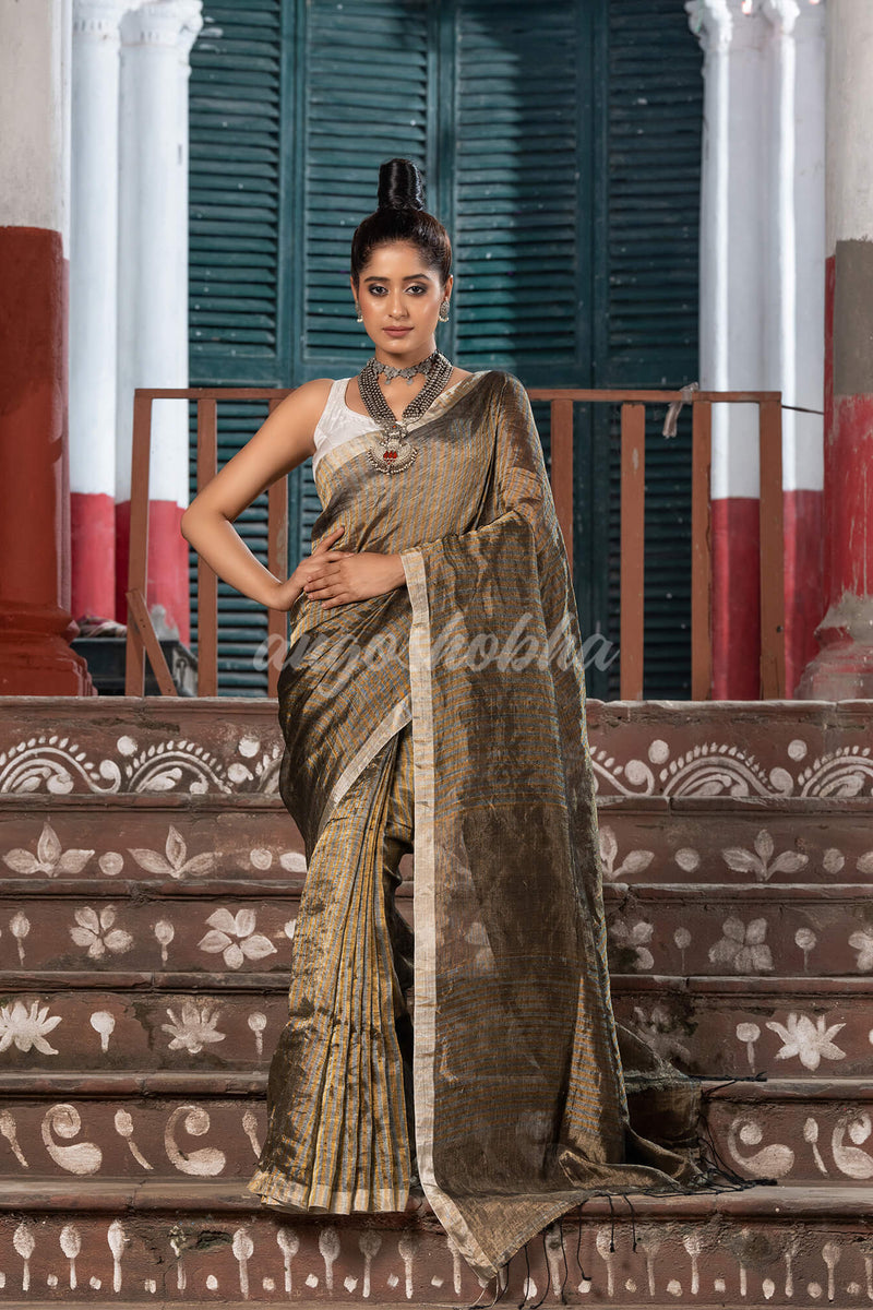Silver & Gold All Body Check Tissue Linen Handloom Saree