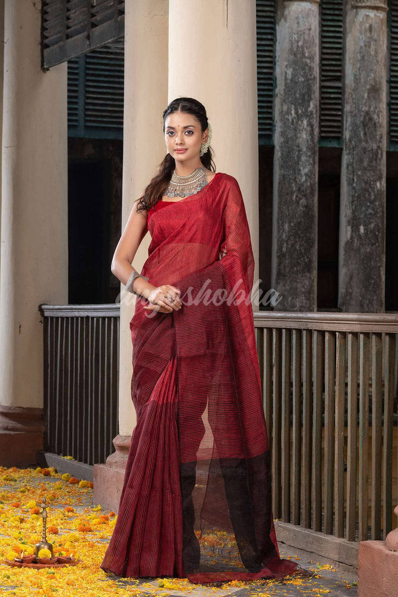 Black & Red Tissue Linen Multi Color Pallu Handwoven Saree