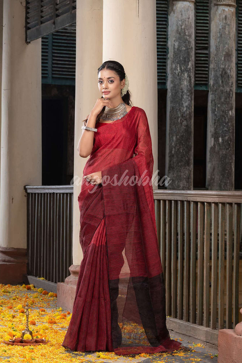 Black & Red Tissue Linen Multi Color Pallu Handwoven Saree