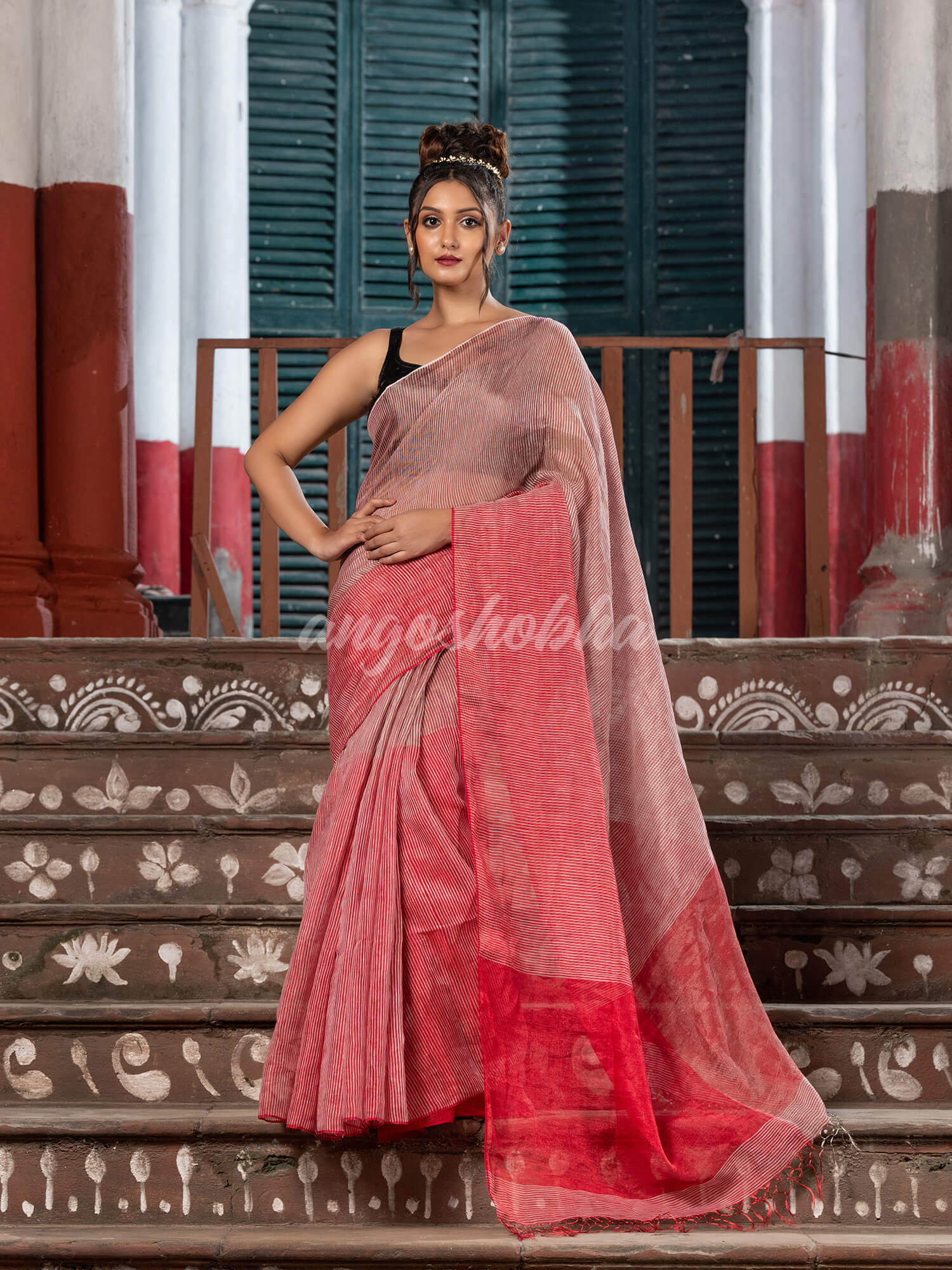 Red & Silver Tissue Linen Multi Color Pallu Handwoven Saree