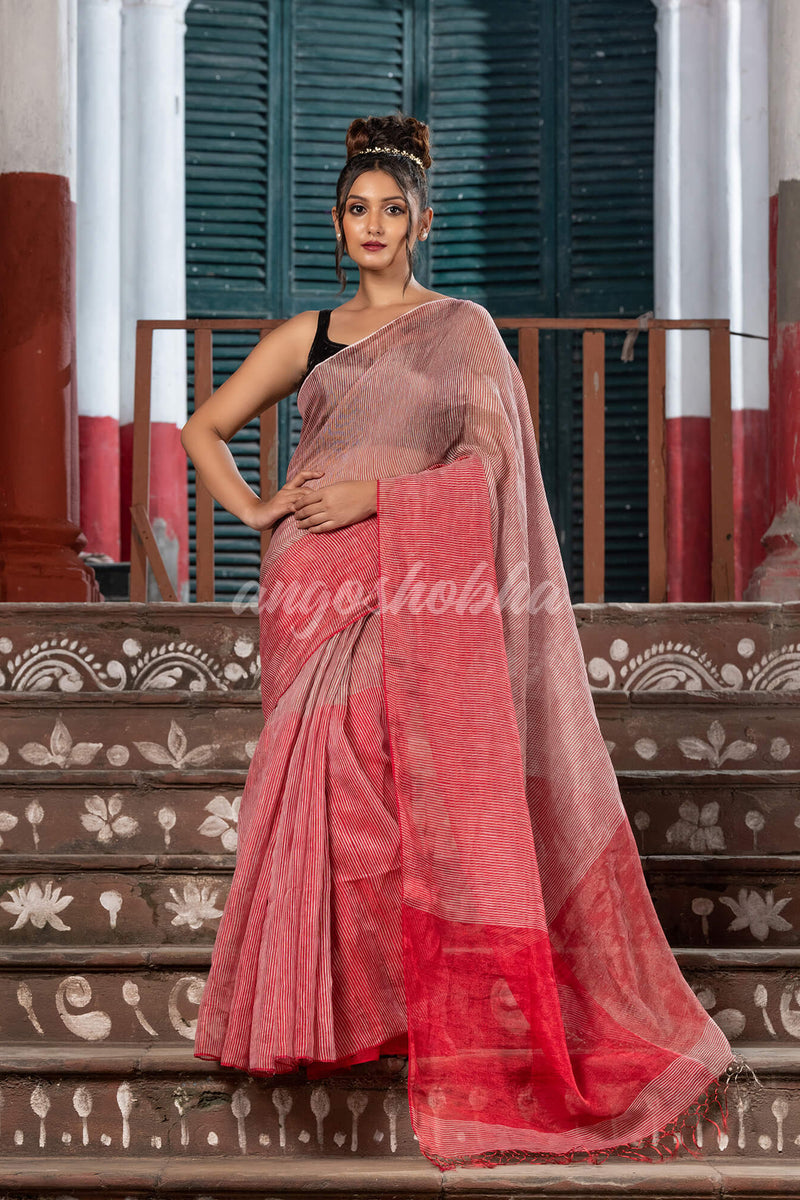 Red & Silver Tissue Linen Multi Color Pallu Handwoven Saree