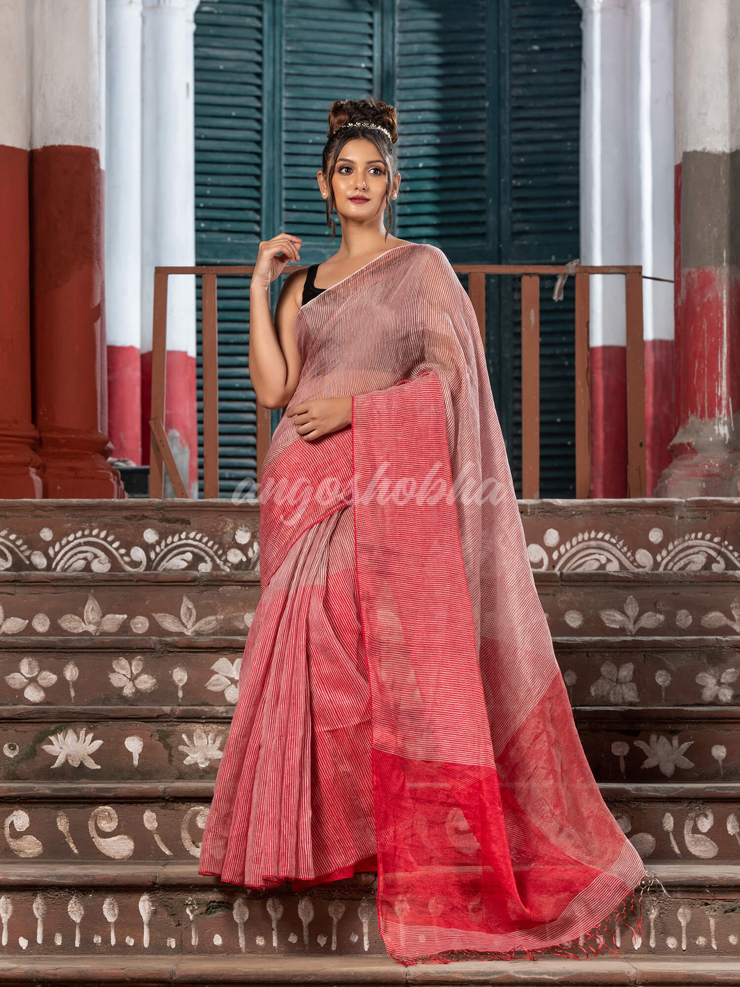 Red & Silver Tissue Linen Multi Color Pallu Handwoven Saree