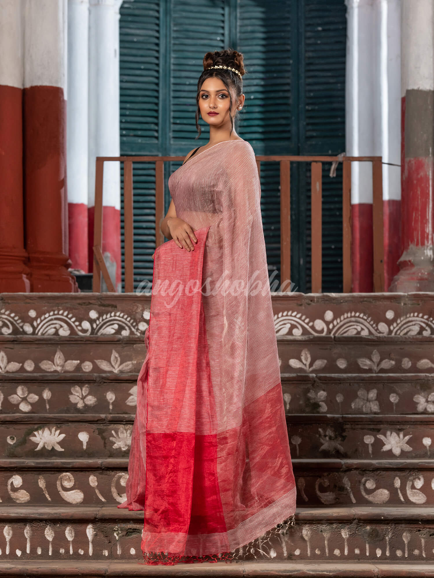 Red & Silver Tissue Linen Multi Color Pallu Handwoven Saree