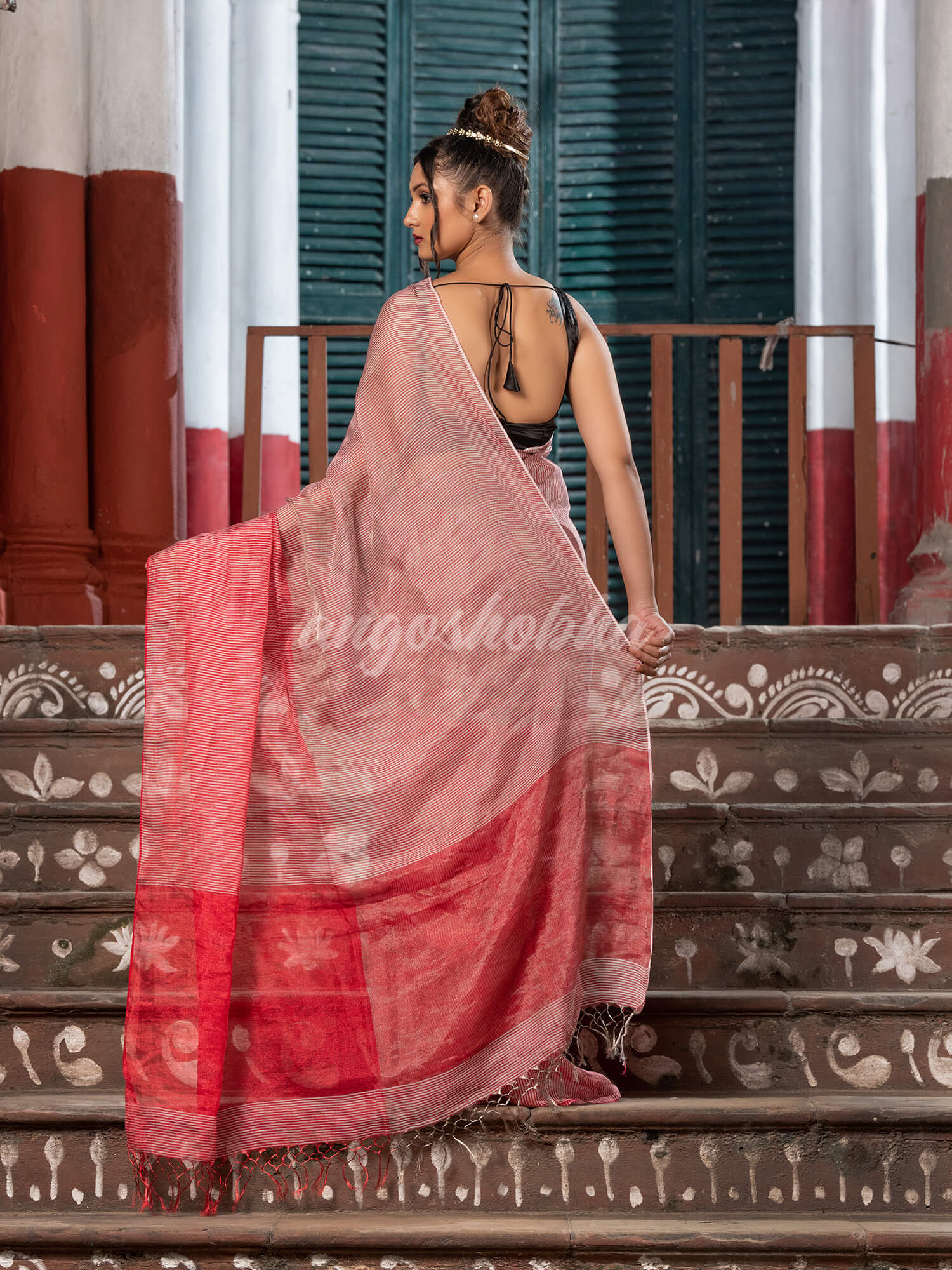 Red & Silver Tissue Linen Multi Color Pallu Handwoven Saree