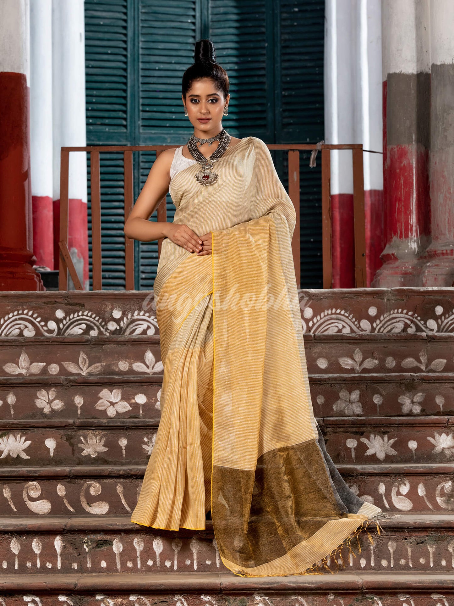 Gold & Silver Tissue Linen All Body Stripe with Black Pallu Handwoven Saree