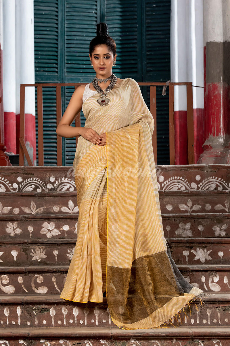 Gold & Silver Tissue Linen All Body Stripe with Black Pallu Handwoven Saree