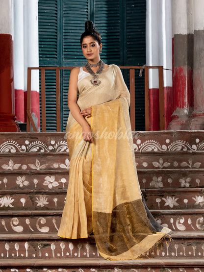 Gold & Silver Tissue Linen All Body Stripe with Black Pallu Handwoven Saree