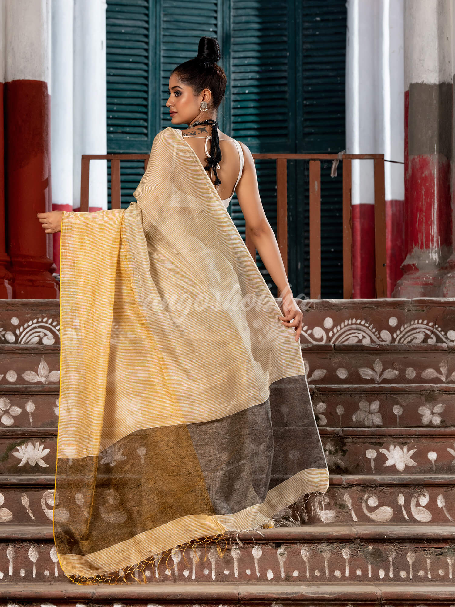 Gold & Silver Tissue Linen All Body Stripe with Black Pallu Handwoven Saree