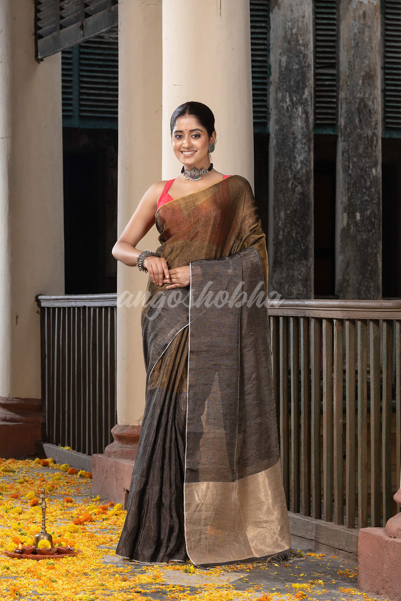 Silver & Gold Tissue Linen Multi Colour Pallu Handwoven Saree
