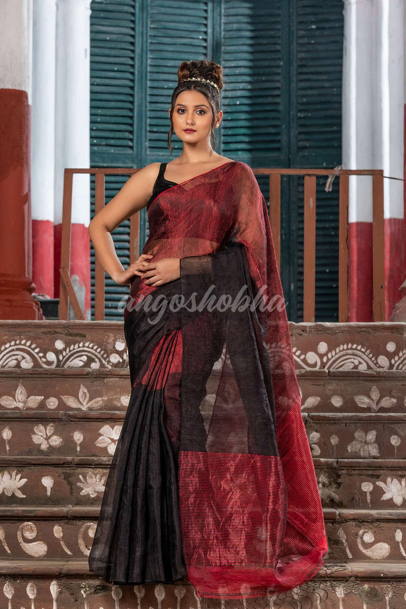 Black & Red Tissue Linen Multi Color Pallu Handwoven Saree