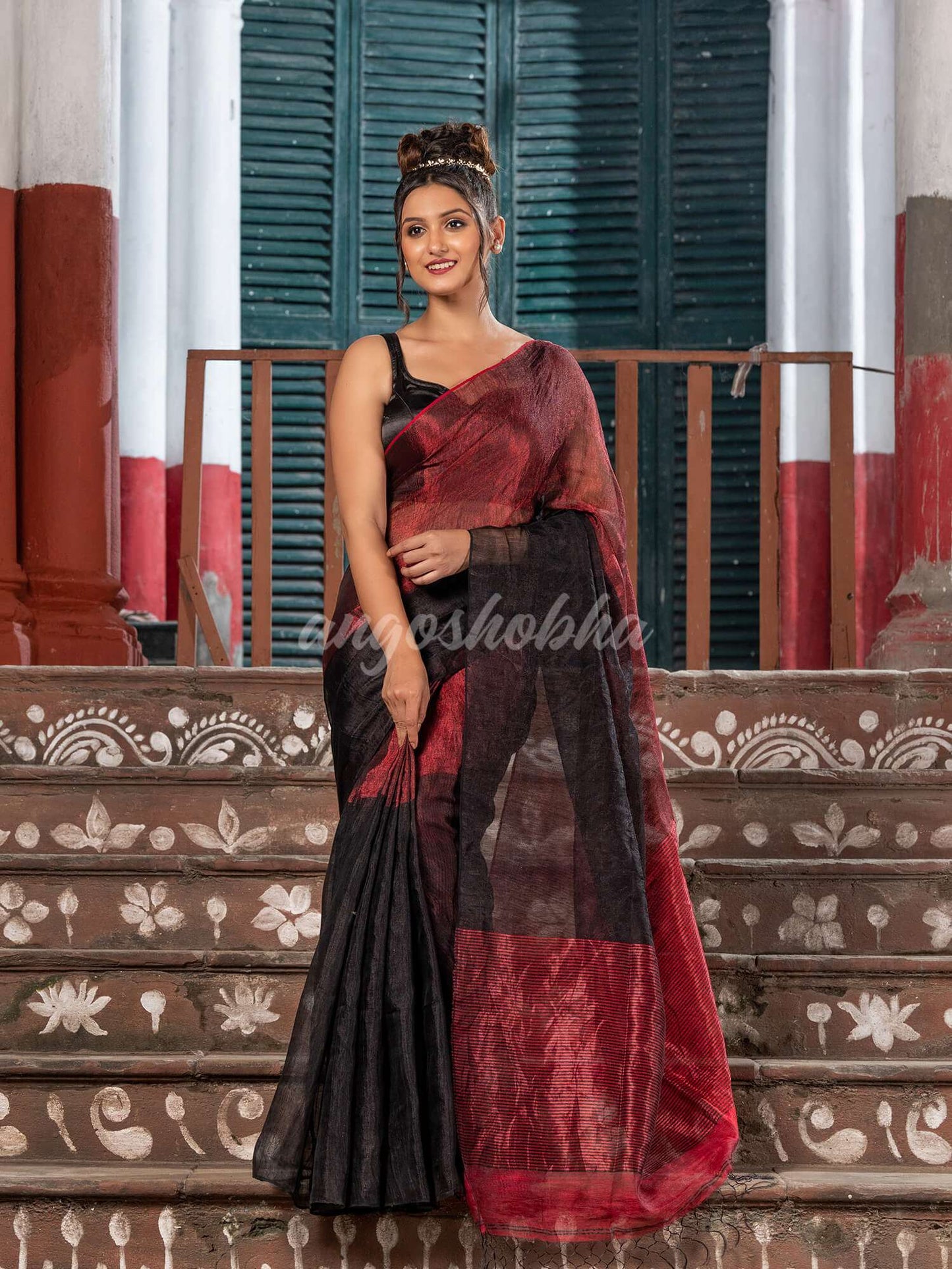 Black & Red Tissue Linen Multi Color Pallu Handwoven Saree