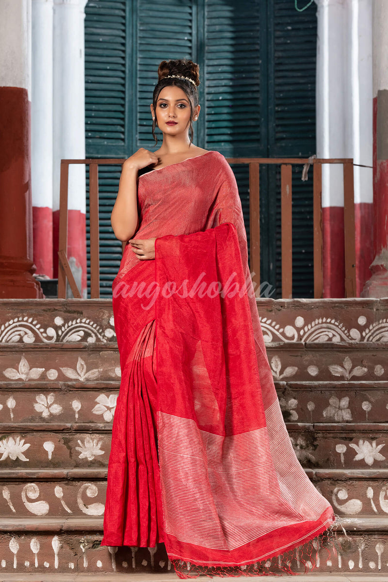 Red & Silver Tissue Linen Multi Color Pallu Handwoven Saree