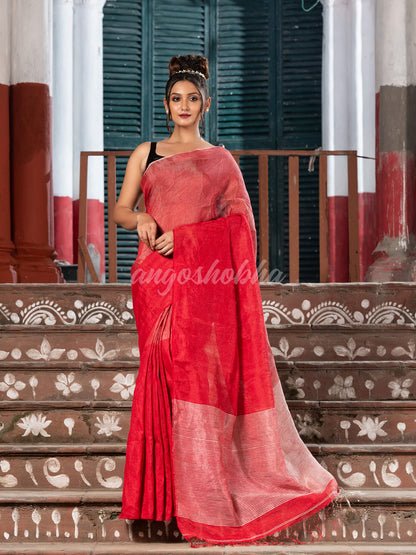 Red & Silver Tissue Linen Multi Color Pallu Handwoven Saree