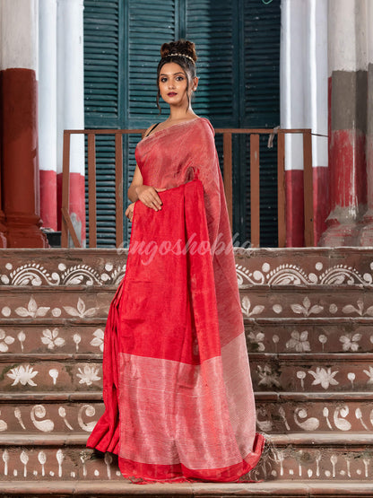 Red & Silver Tissue Linen Multi Color Pallu Handwoven Saree