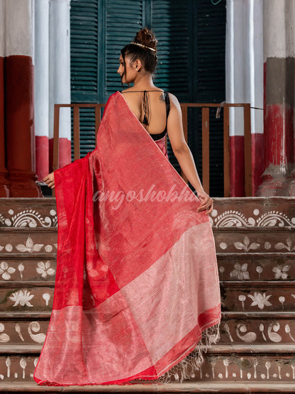 Red & Silver Tissue Linen Multi Color Pallu Handwoven Saree