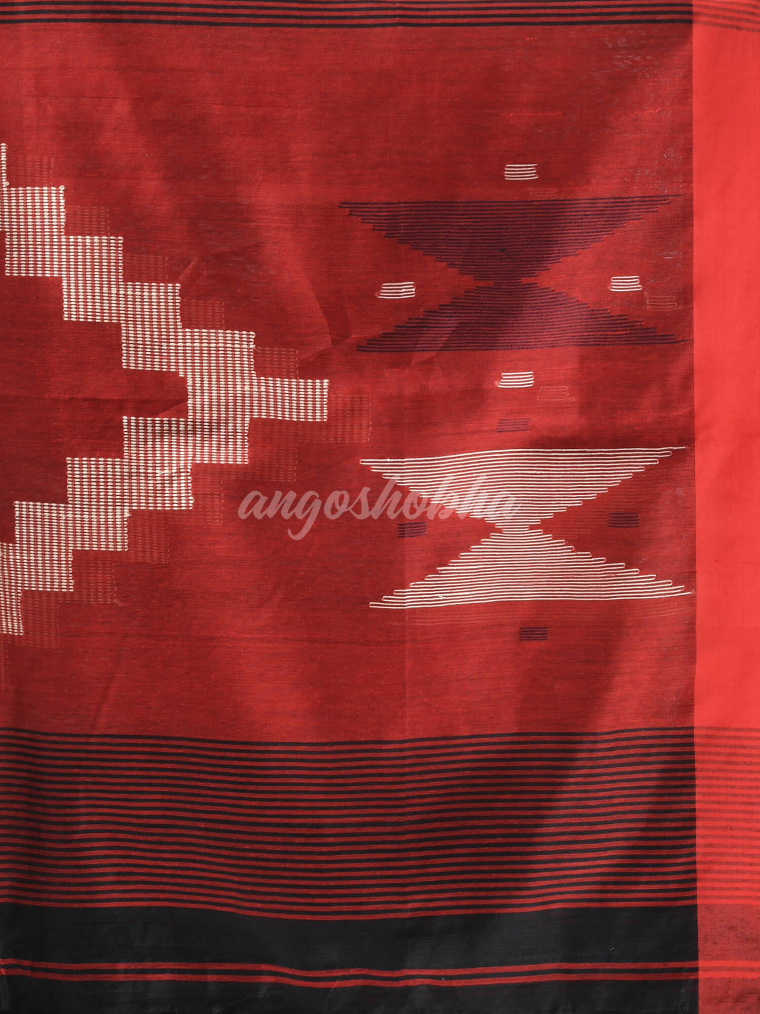 Black Cotton Blend All Body Motive With Red Pallu Handloom Saree