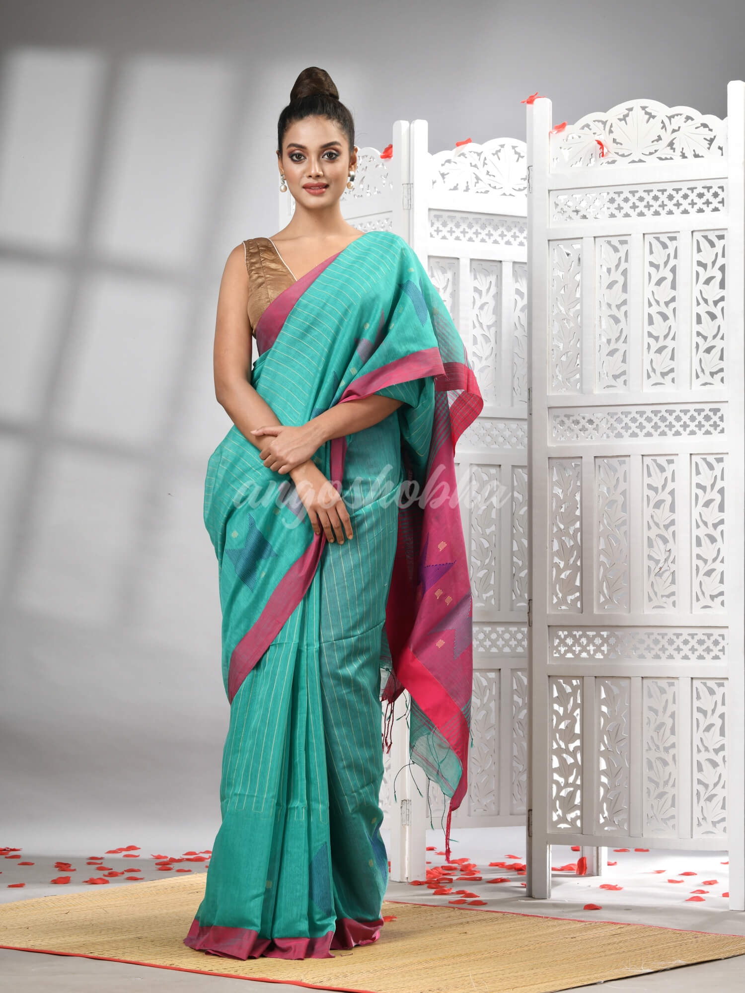 Firoza Cotton Blend All Body Motive With Rani Pallu Handloom Saree