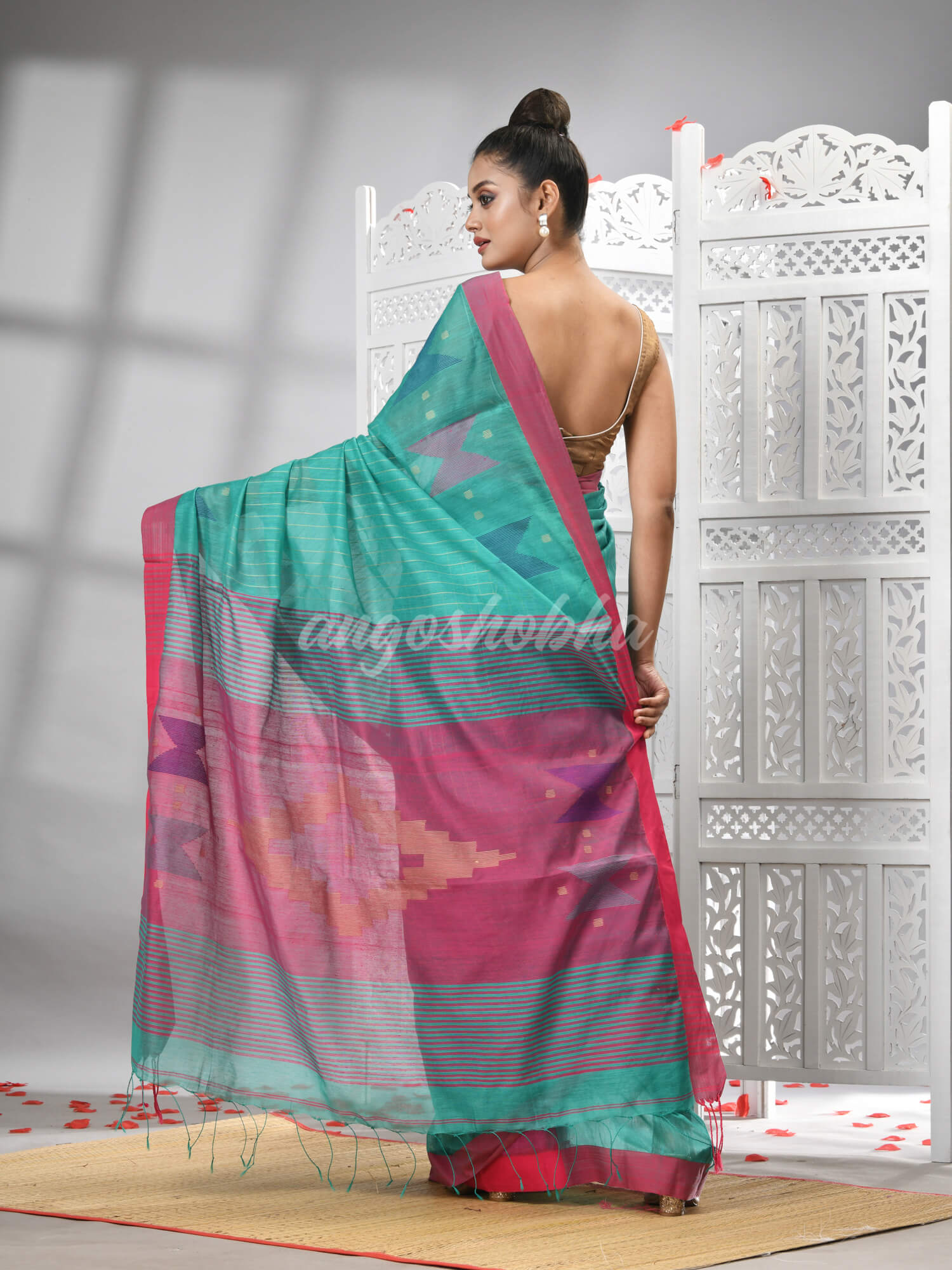 Firoza Cotton Blend All Body Motive With Rani Pallu Handloom Saree