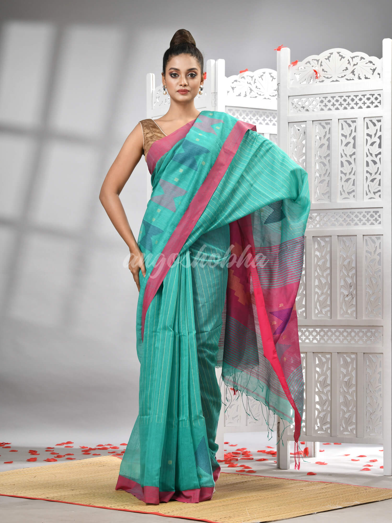 Firoza Cotton Blend All Body Motive With Rani Pallu Handloom Saree