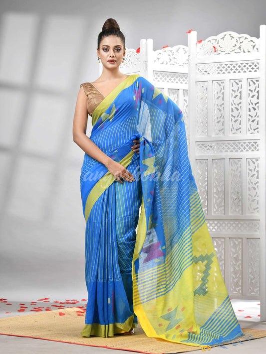 Aqua Blue Cotton Blend All Body Motive With Yellow Pallu Handloom Saree