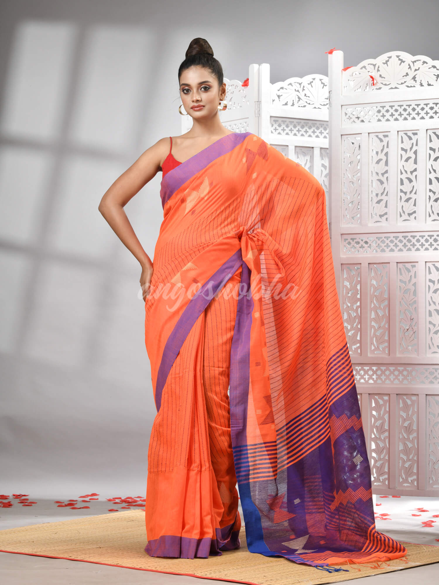 Orange Cotton Blend All Body Motive With Blue Pallu Handloom Saree