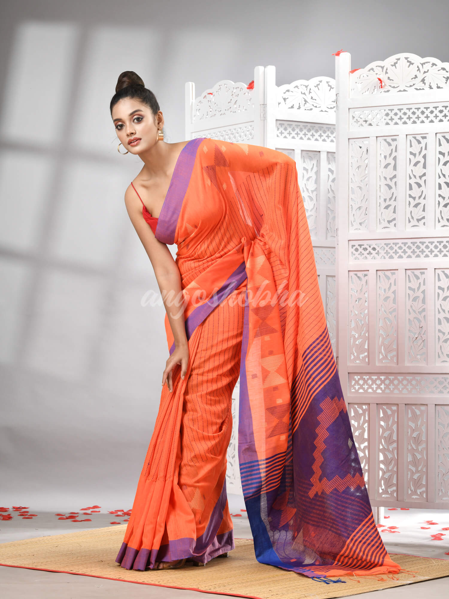 Orange Cotton Blend All Body Motive With Blue Pallu Handloom Saree