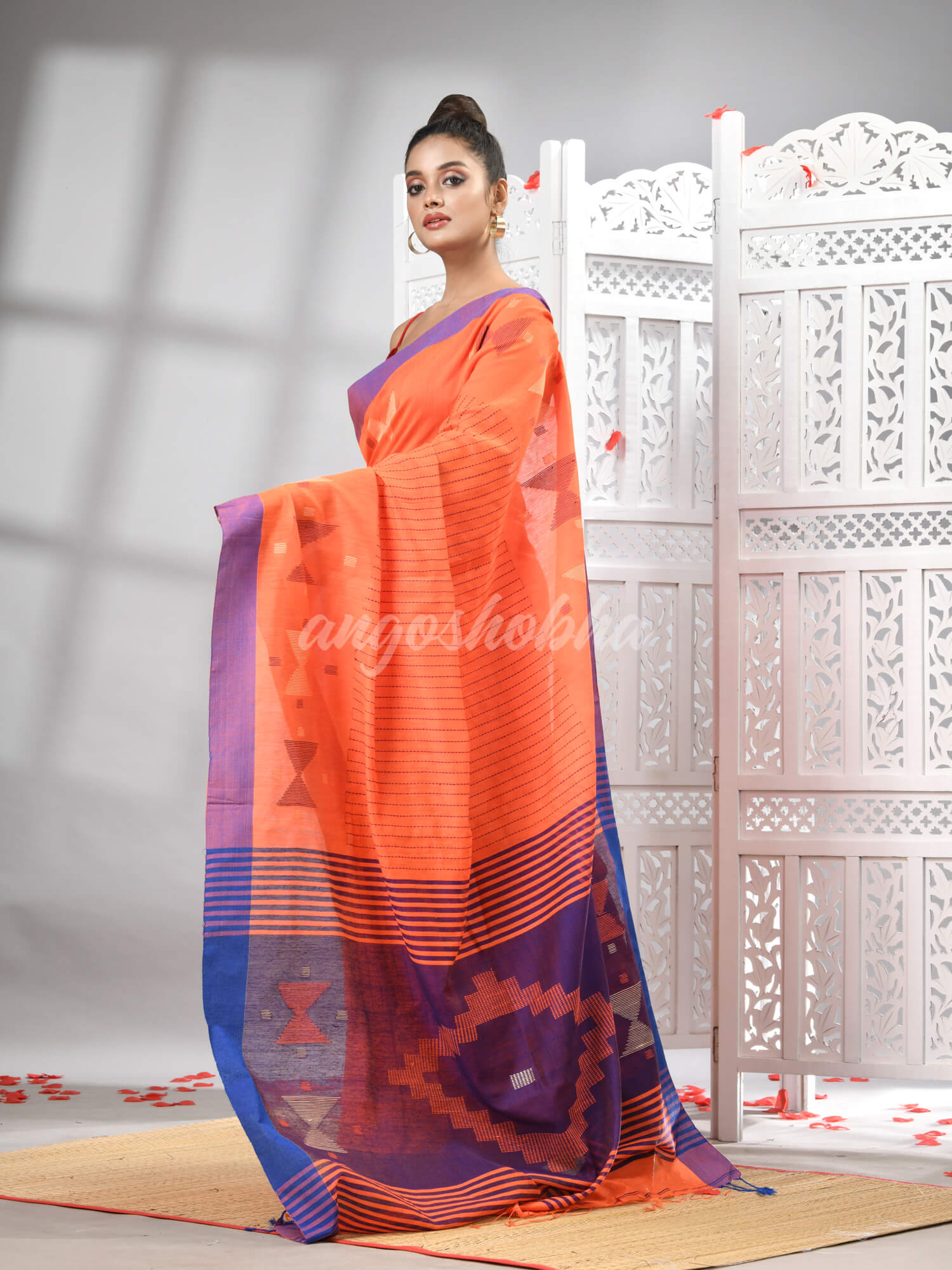 Orange Cotton Blend All Body Motive With Blue Pallu Handloom Saree