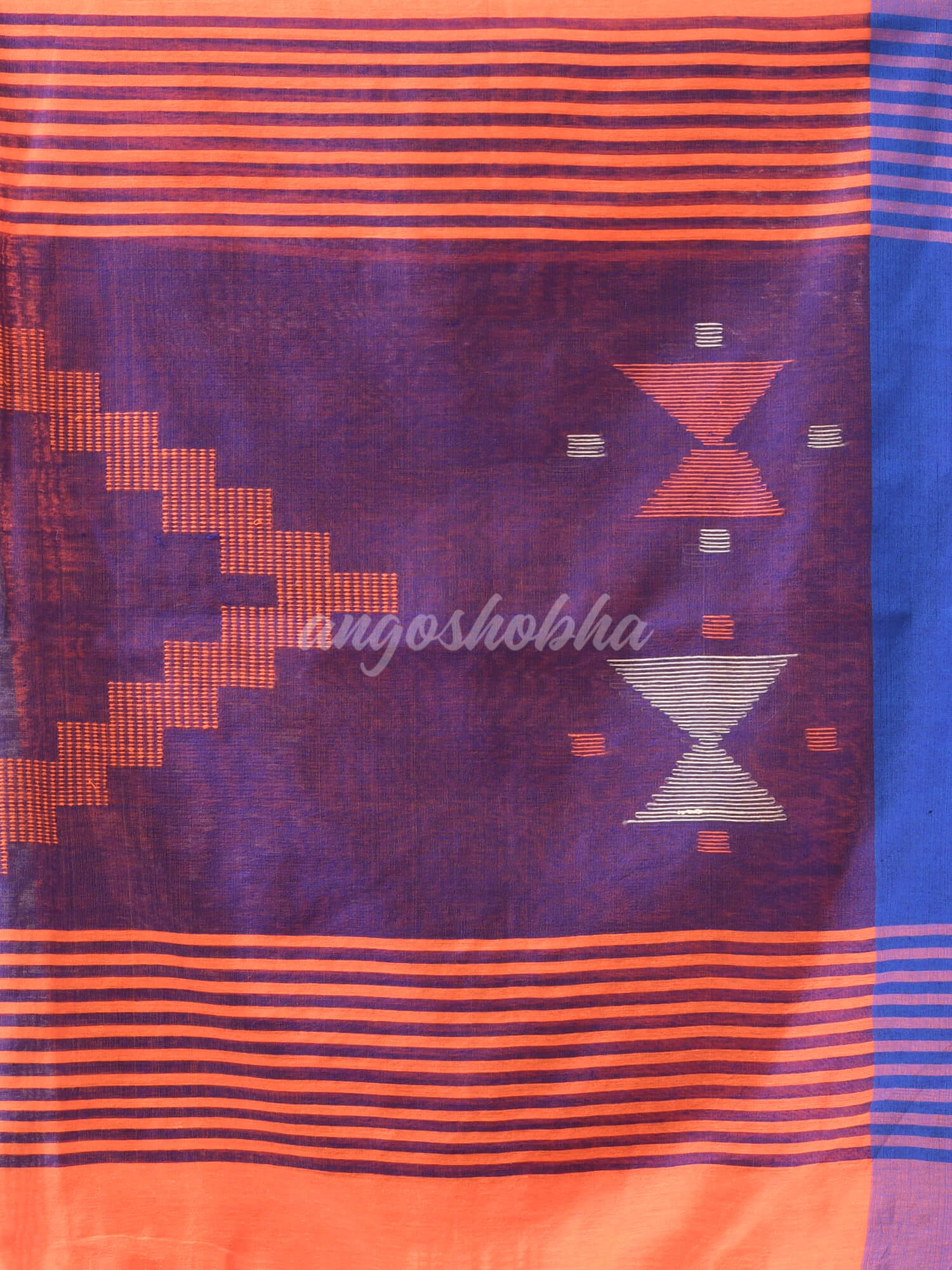 Orange Cotton Blend All Body Motive With Blue Pallu Handloom Saree