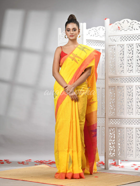 Yellow Cotton Blend All Body Motive With Rani Pallu Handloom Saree