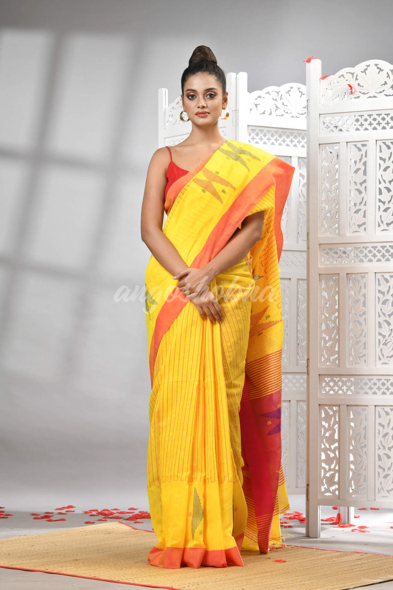 Yellow Cotton Blend All Body Motive With Rani Pallu Handloom Saree