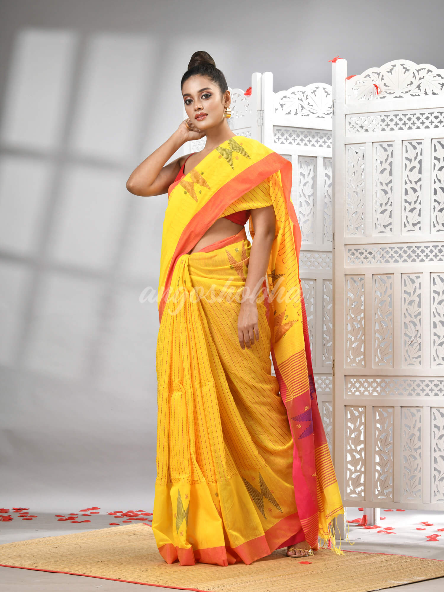 Yellow Cotton Blend All Body Motive With Rani Pallu Handloom Saree