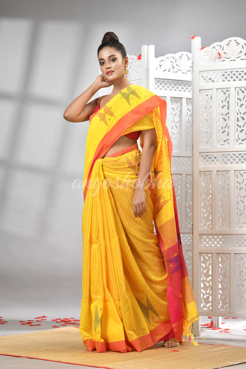Yellow Cotton Blend All Body Motive With Rani Pallu Handloom Saree
