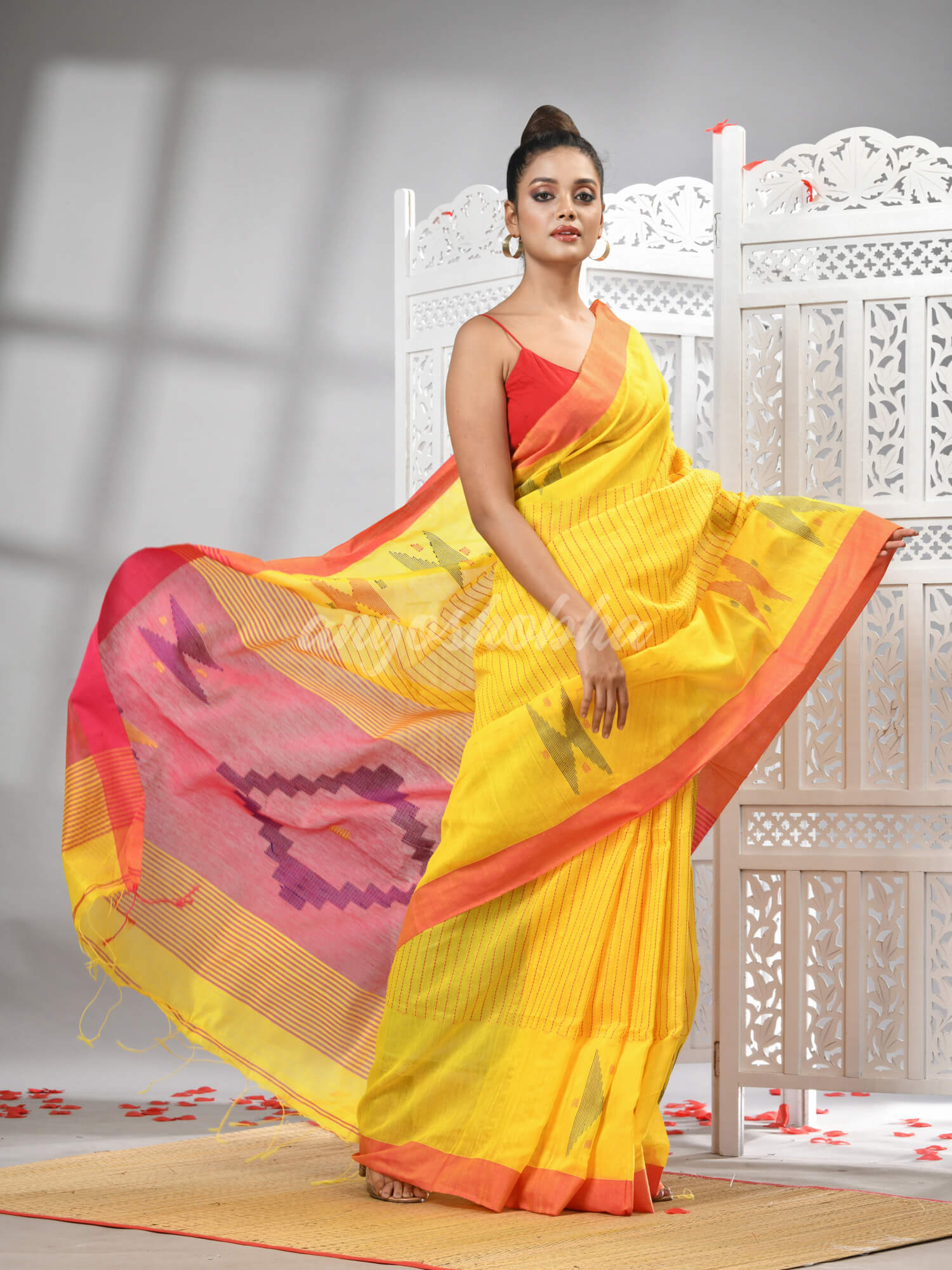 Yellow Cotton Blend All Body Motive With Rani Pallu Handloom Saree