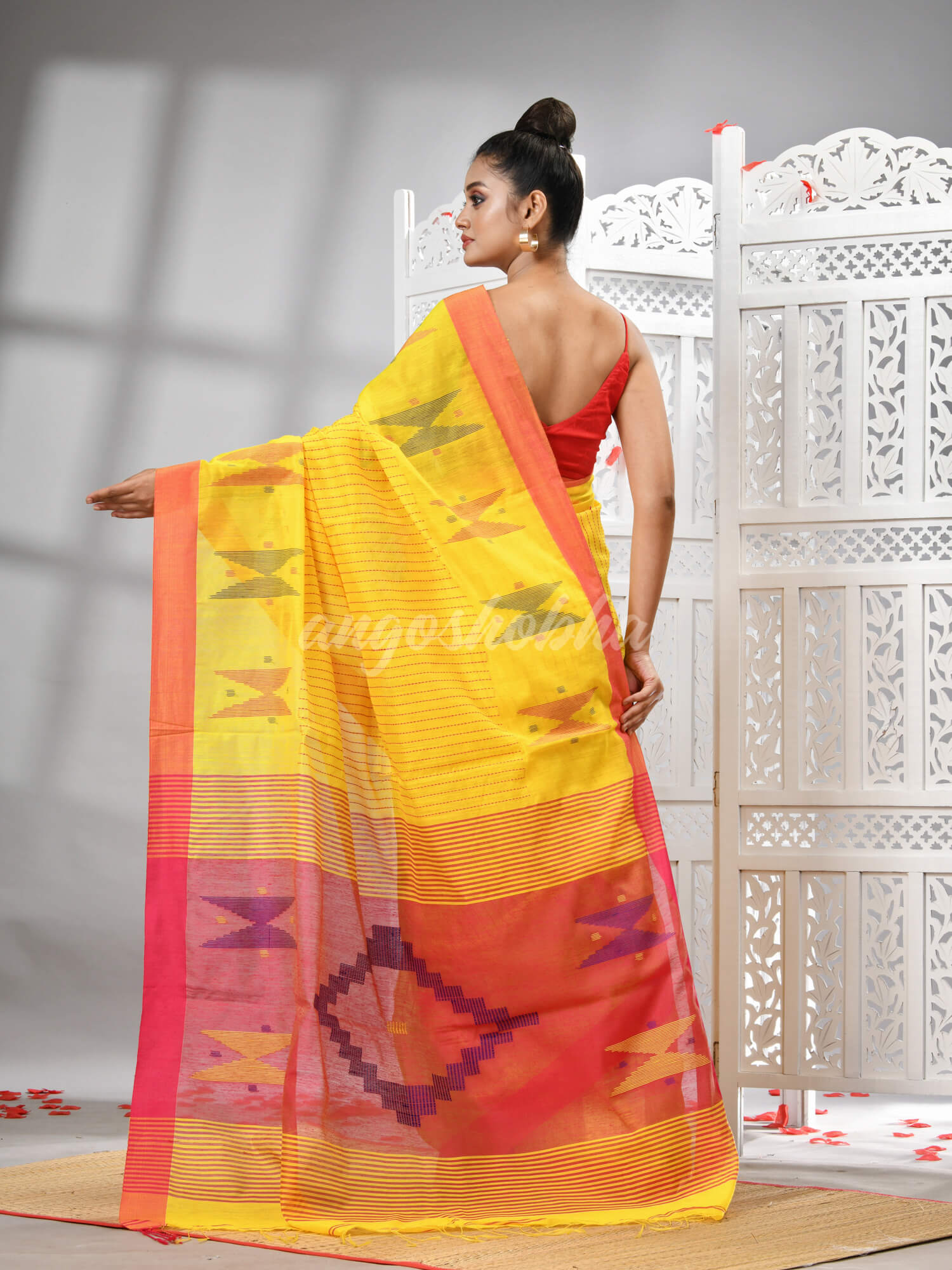 Yellow Cotton Blend All Body Motive With Rani Pallu Handloom Saree