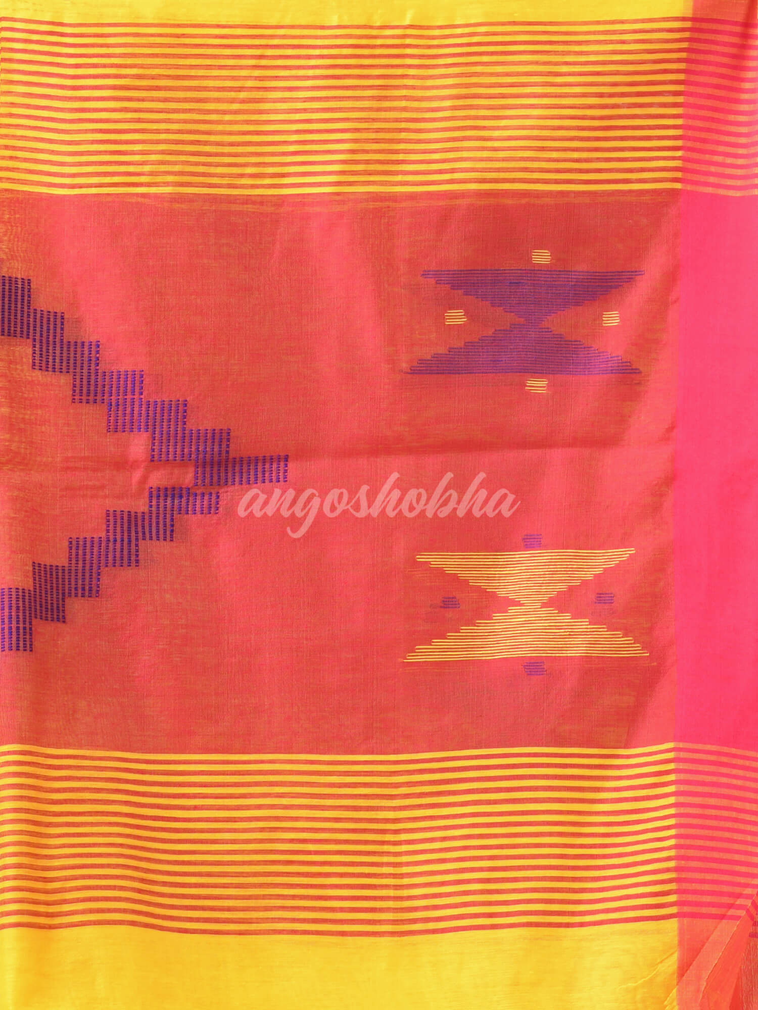 Yellow Cotton Blend All Body Motive With Rani Pallu Handloom Saree