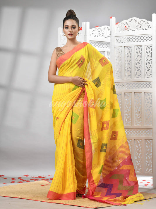 Yellow Cotton Blend All Body Motive With Rani Pallu Handloom Saree