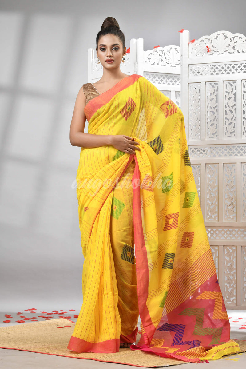 Yellow Cotton Blend All Body Motive With Rani Pallu Handloom Saree