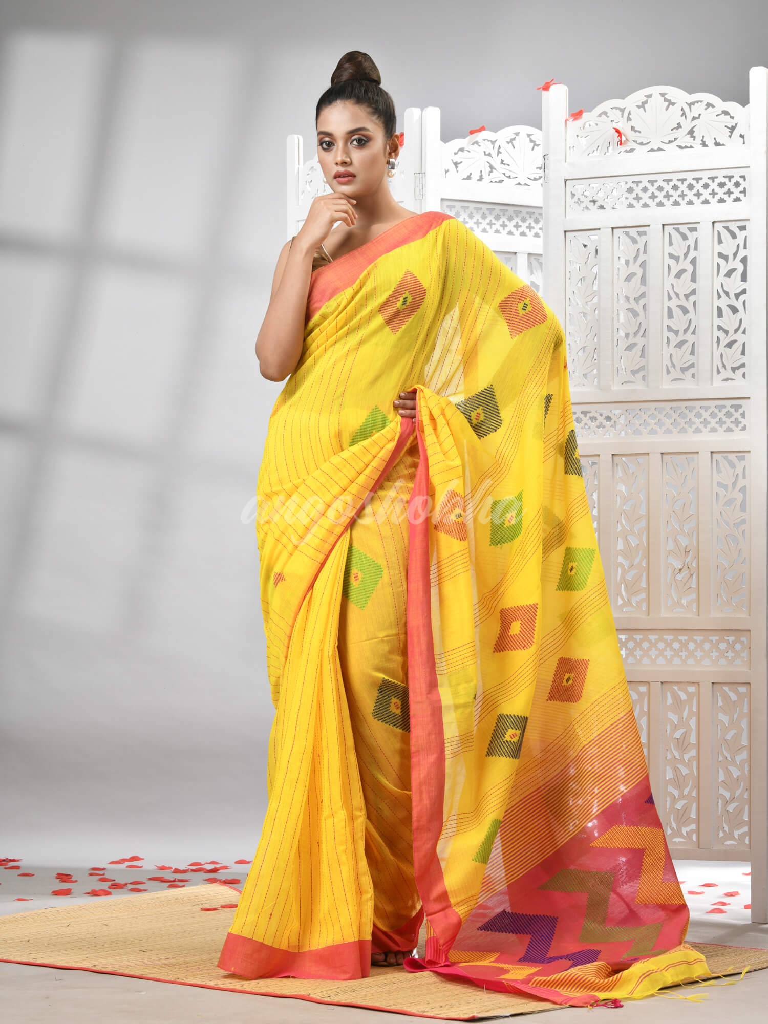 Yellow Cotton Blend All Body Motive With Rani Pallu Handloom Saree