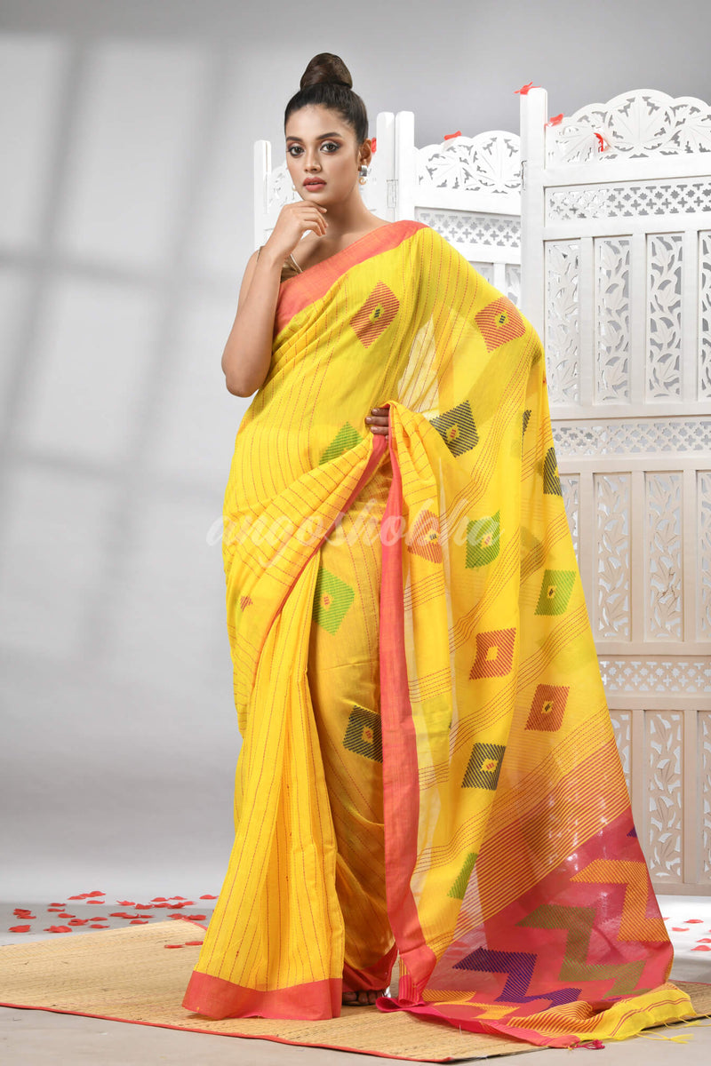 Yellow Cotton Blend All Body Motive With Rani Pallu Handloom Saree