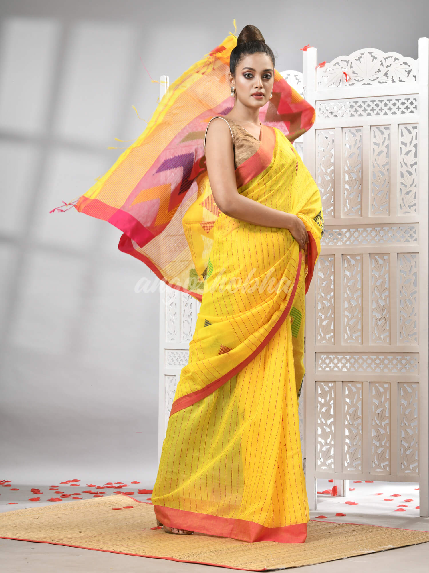 Yellow Cotton Blend All Body Motive With Rani Pallu Handloom Saree