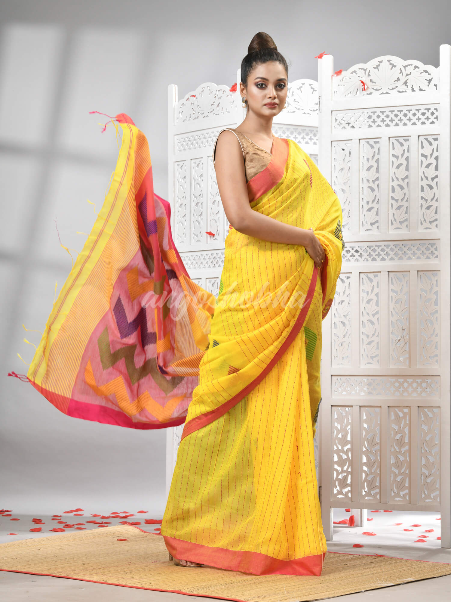 Yellow Cotton Blend All Body Motive With Rani Pallu Handloom Saree