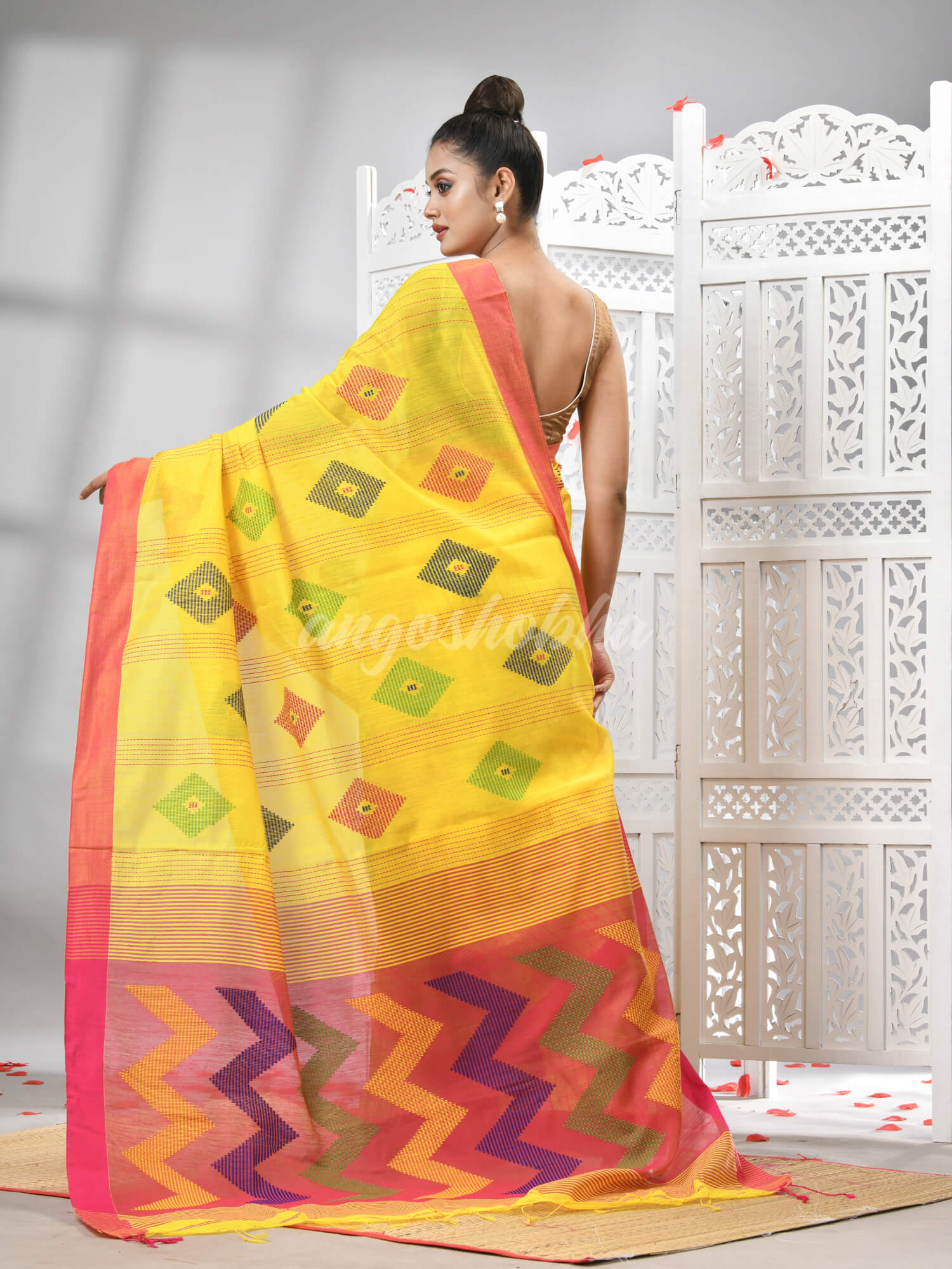 Yellow Cotton Blend All Body Motive With Rani Pallu Handloom Saree